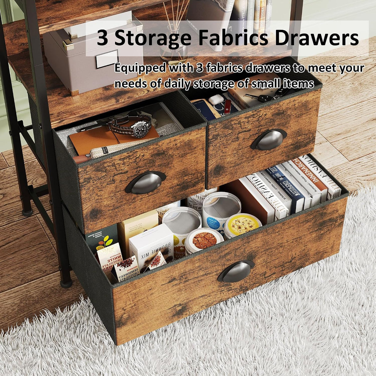 SKY-TOUCH Kitchen Storage and Organization Rack, 3 Fabric Drawers & 4 Tier Shelf Unit for Office, Home, Living Room, 22.9x11.6x56.7 inch - Tiger Wood - 3