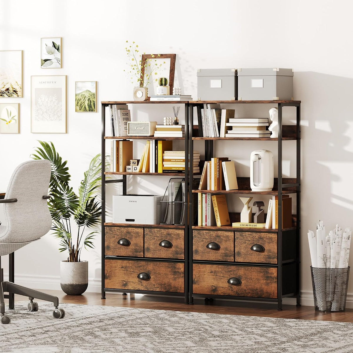 SKY-TOUCH Kitchen Storage and Organization Rack, 3 Fabric Drawers & 4 Tier Shelf Unit for Office, Home, Living Room, 22.9x11.6x56.7 inch - Tiger Wood - 5