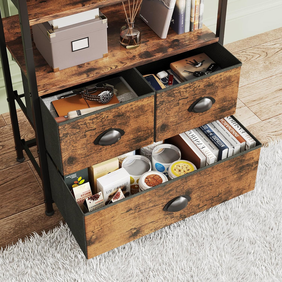 SKY-TOUCH Kitchen Storage and Organization Rack, 3 Fabric Drawers & 4 Tier Shelf Unit for Office, Home, Living Room, 22.9x11.6x56.7 inch - Tiger Wood - 7