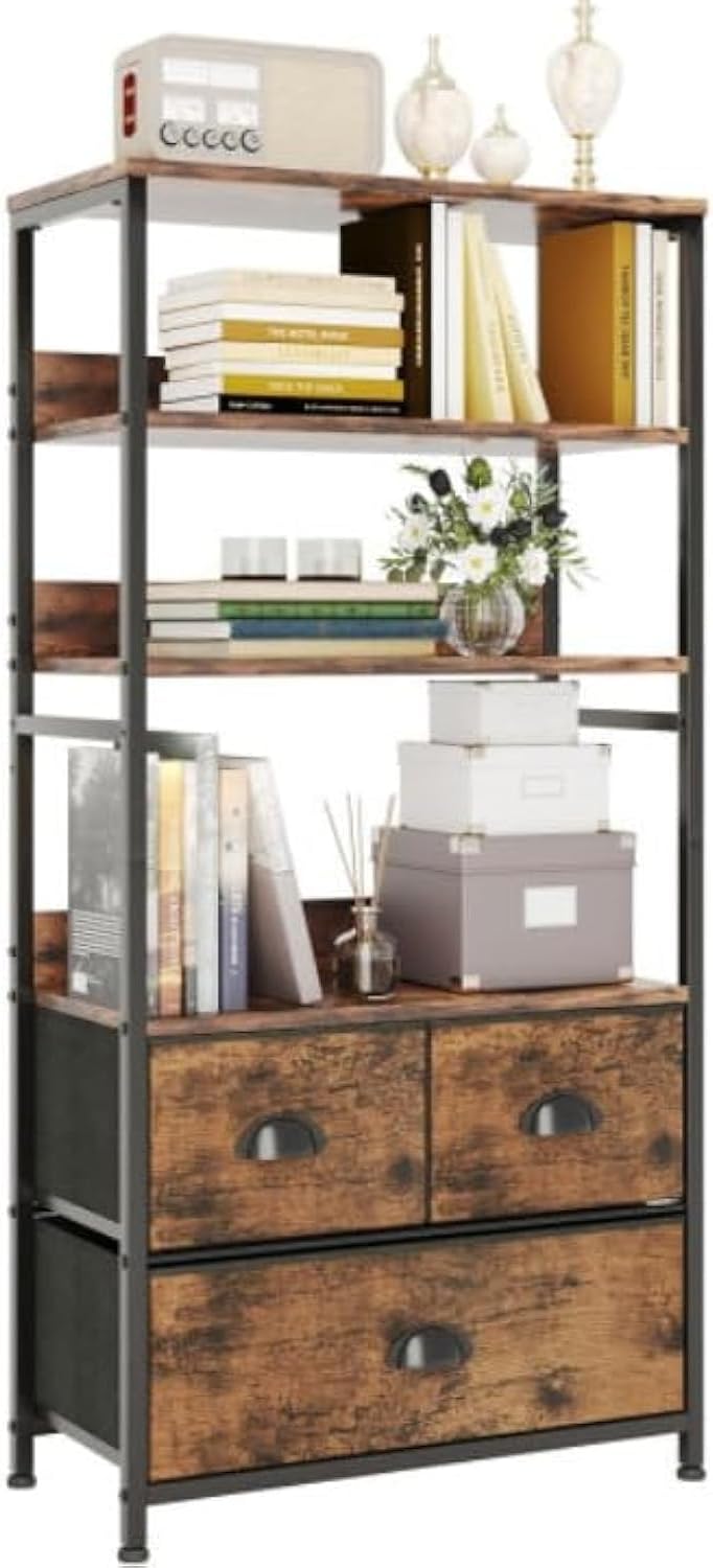 SKY-TOUCH Kitchen Storage and Organization Rack, 3 Fabric Drawers & 4 Tier Shelf Unit for Office, Home, Living Room, 22.9x11.6x56.7 inch - Tiger Wood