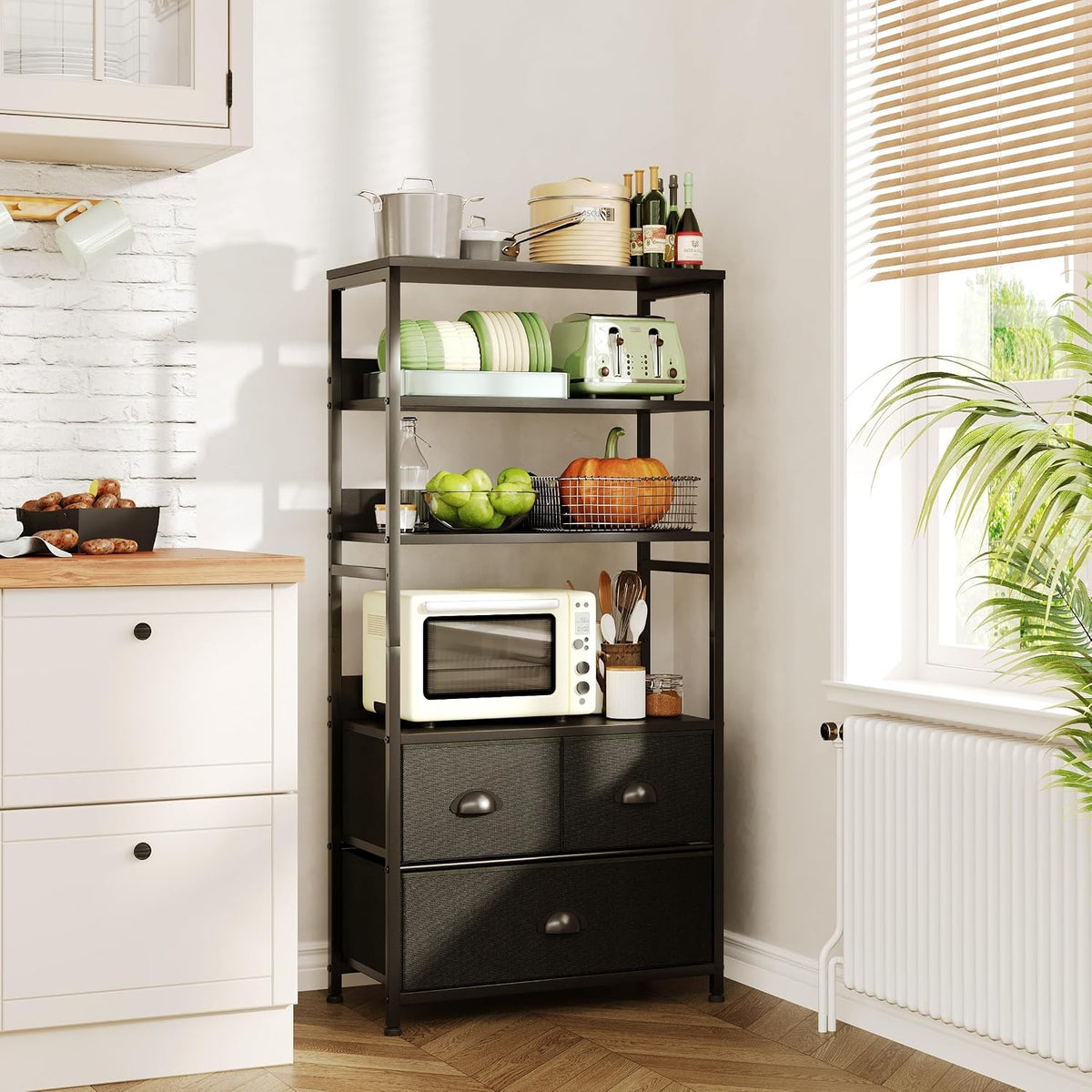 SKY-TOUCH Kitchen Storage and Organization Rack, 3 Fabric Drawers & 4 Tier Shelf Unit for Office, Home, Living Room, 22.9x11.6x56.7 inch - Black - 2