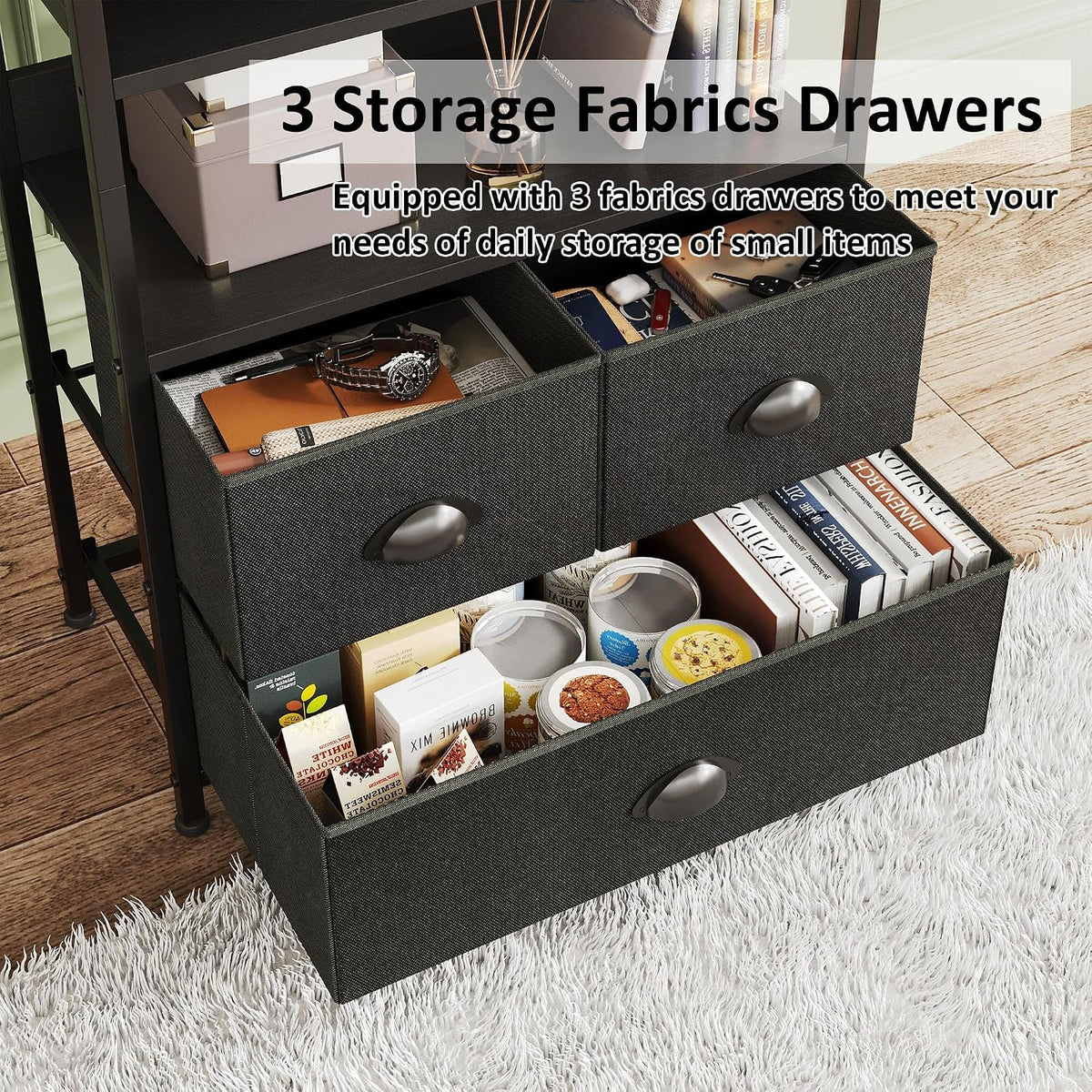 SKY-TOUCH Kitchen Storage and Organization Rack, 3 Fabric Drawers & 4 Tier Shelf Unit for Office, Home, Living Room, 22.9x11.6x56.7 inch - Black - 4