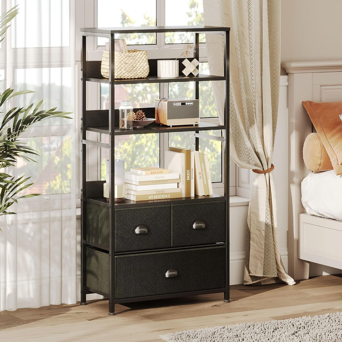 SKY-TOUCH Kitchen Storage and Organization Rack, 3 Fabric Drawers & 4 Tier Shelf Unit for Office, Home, Living Room, 22.9x11.6x56.7 inch - Black - 5