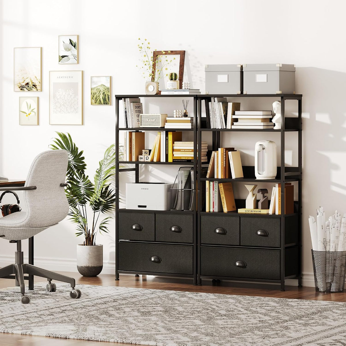 SKY-TOUCH Kitchen Storage and Organization Rack, 3 Fabric Drawers & 4 Tier Shelf Unit for Office, Home, Living Room, 22.9x11.6x56.7 inch - Black - 6