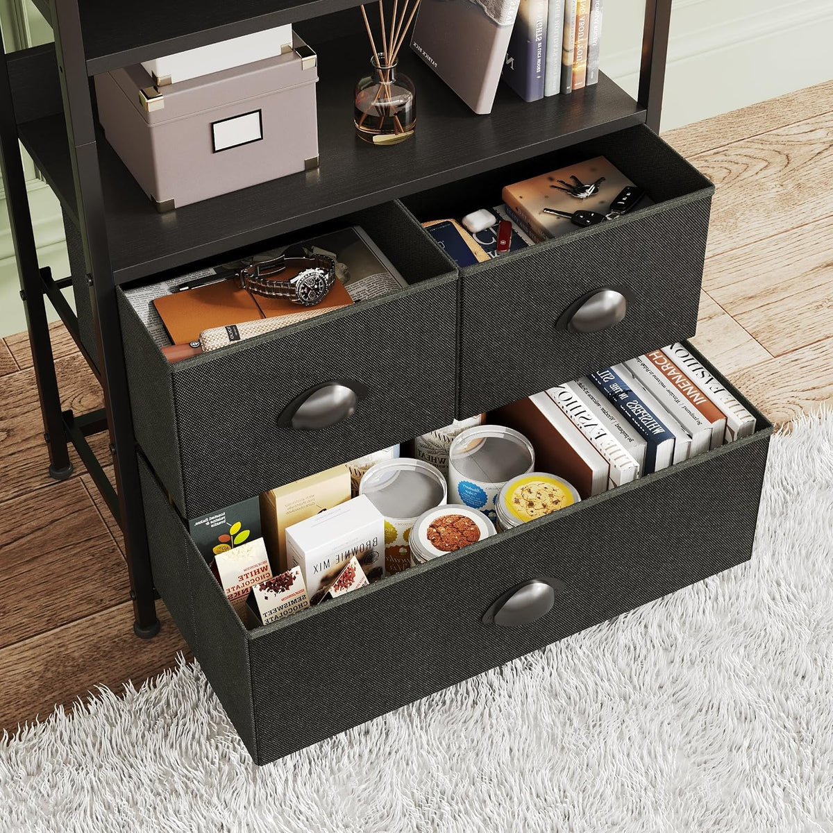 SKY-TOUCH Kitchen Storage and Organization Rack, 3 Fabric Drawers & 4 Tier Shelf Unit for Office, Home, Living Room, 22.9x11.6x56.7 inch - Black - 8