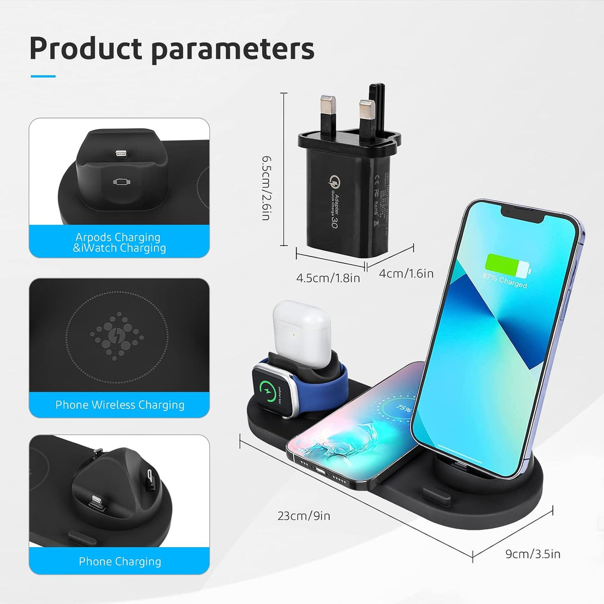 SKY-TOUCH 6-in-1 Wireless Charging Stand, 23x9x2cm, Multi-Function Fast Charger for Phone, Watch, and Earphones, Black - 3