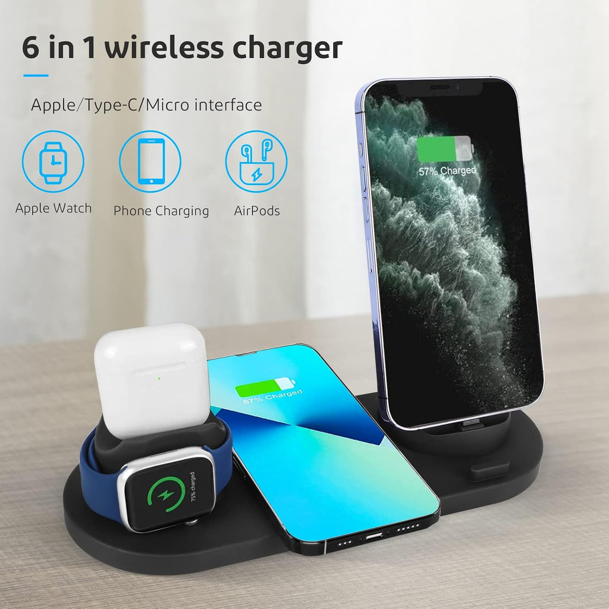 SKY-TOUCH 6-in-1 Wireless Charging Stand, 23x9x2cm, Multi-Function Fast Charger for Phone, Watch, and Earphones, Black - 4