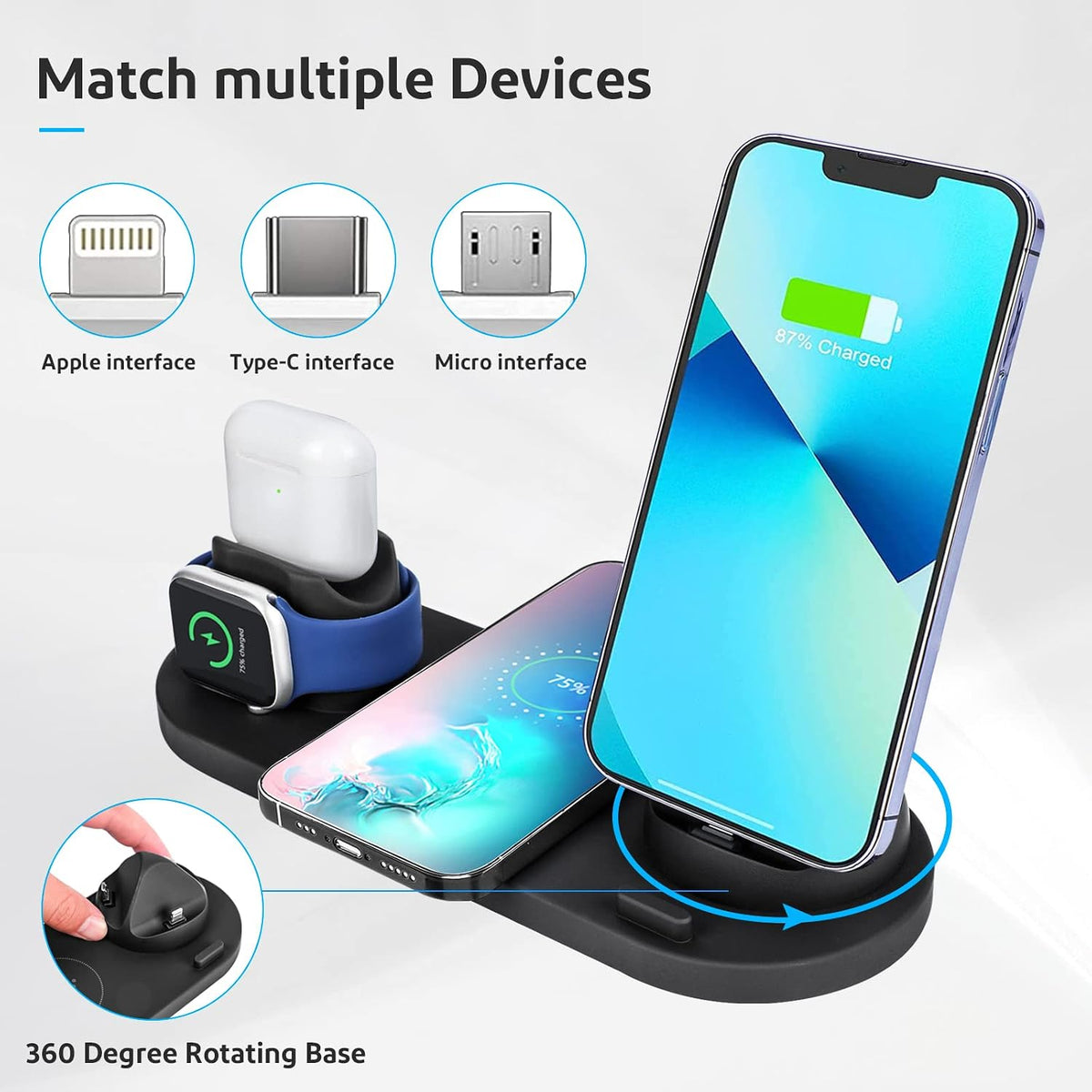 SKY-TOUCH 6-in-1 Wireless Charging Stand, 23x9x2cm, Multi-Function Fast Charger for Phone, Watch, and Earphones, Black - 5