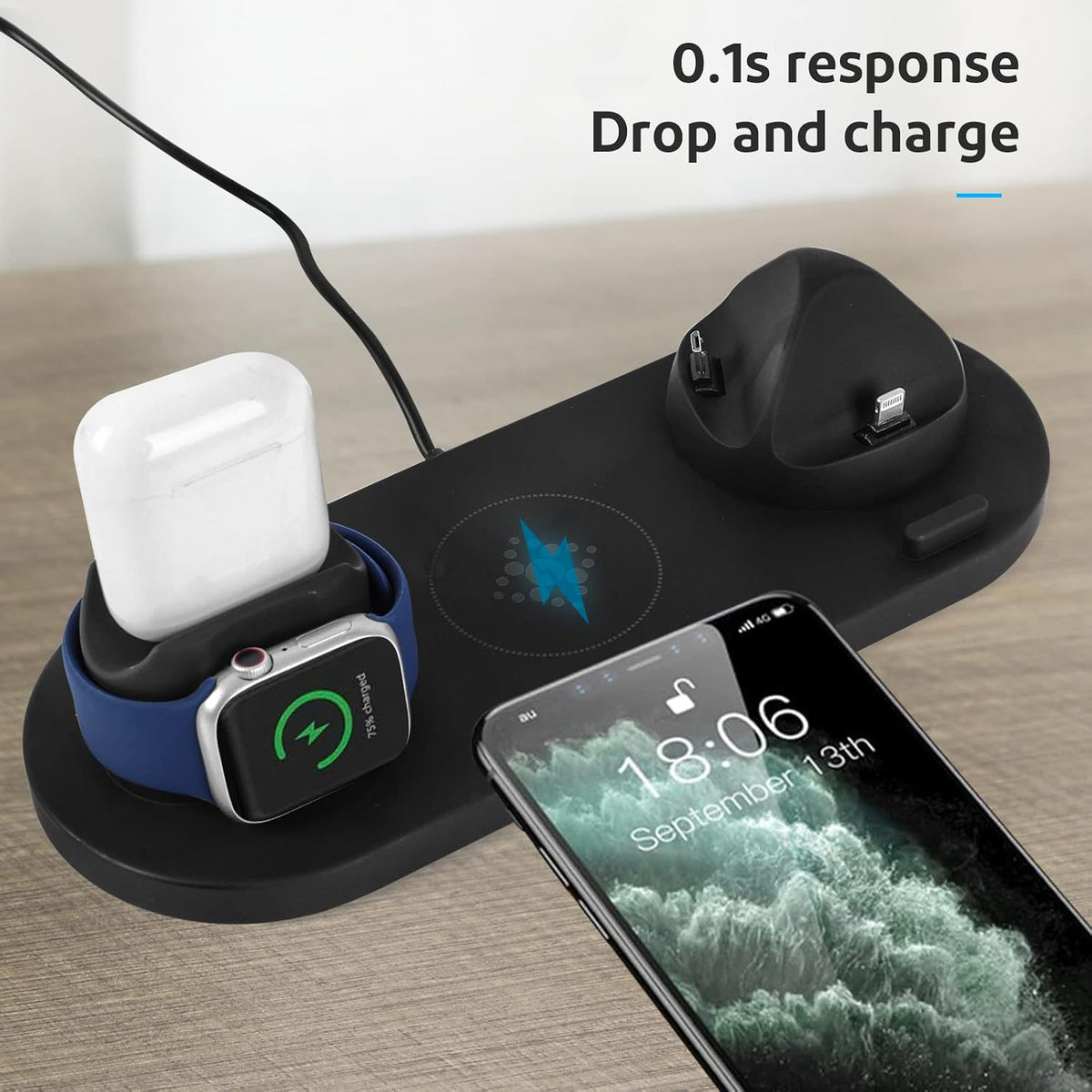 SKY-TOUCH 6-in-1 Wireless Charging Stand, 23x9x2cm, Multi-Function Fast Charger for Phone, Watch, and Earphones, Black - 6