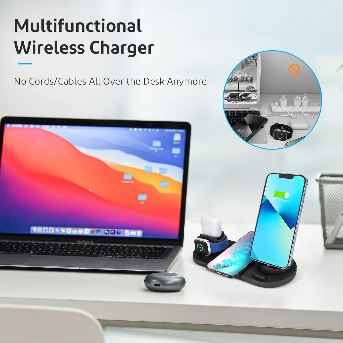 SKY-TOUCH 6-in-1 Wireless Charging Stand, 23x9x2cm, Multi-Function Fast Charger for Phone, Watch, and Earphones, Black - 7