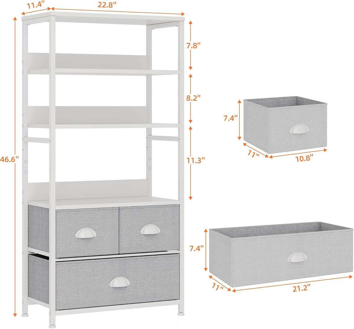 SKY-TOUCH Kitchen Storage and Organization Rack, 3 Fabric Drawers & 4 Tier Shelf Unit for Office, Home, Living Room, 22.9x11.6x56.7 inch - Grey - 3