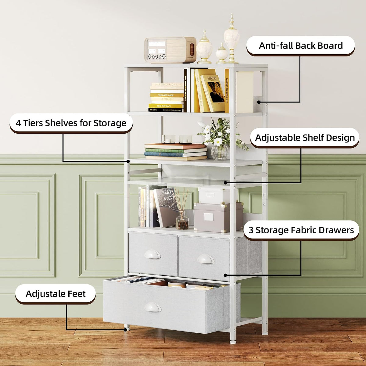 SKY-TOUCH Kitchen Storage and Organization Rack, 3 Fabric Drawers & 4 Tier Shelf Unit for Office, Home, Living Room, 22.9x11.6x56.7 inch - Grey - 4