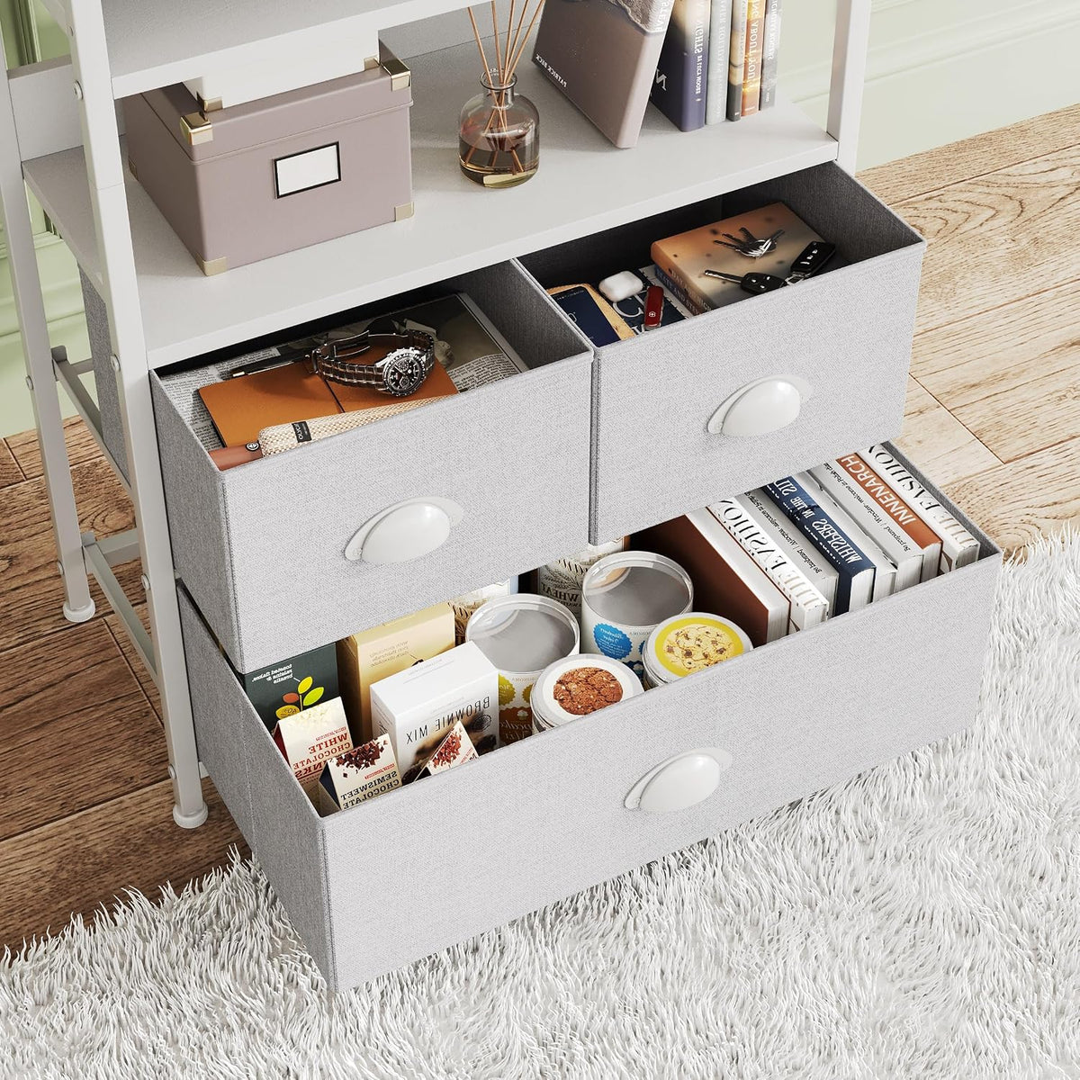 SKY-TOUCH Kitchen Storage and Organization Rack, 3 Fabric Drawers & 4 Tier Shelf Unit for Office, Home, Living Room, 22.9x11.6x56.7 inch - Grey - 5