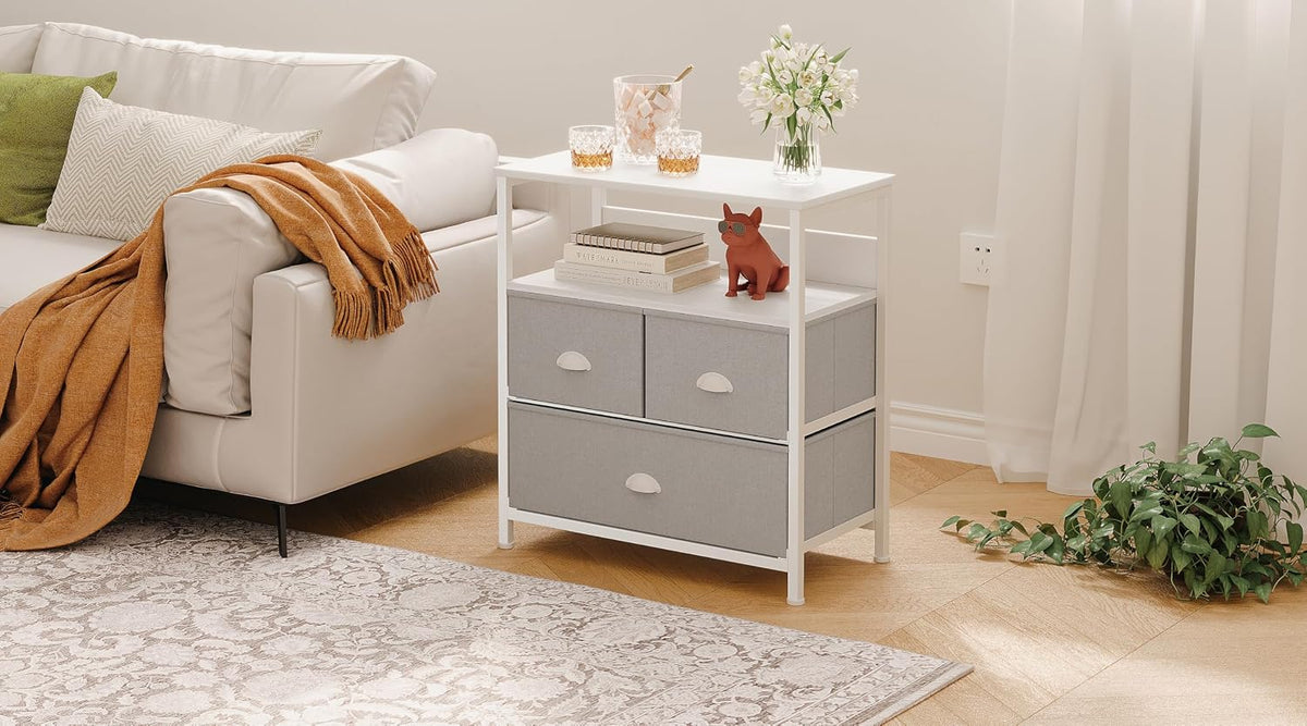 SKY-TOUCH Bedside Nightstand, Drawers Organizer with 3 Fabric Drawer & Shelf Storage, Versatile Usage for Nightstand, Bedroom, Living Room, Grey - 22.8x11.4x24.8 inch - 2