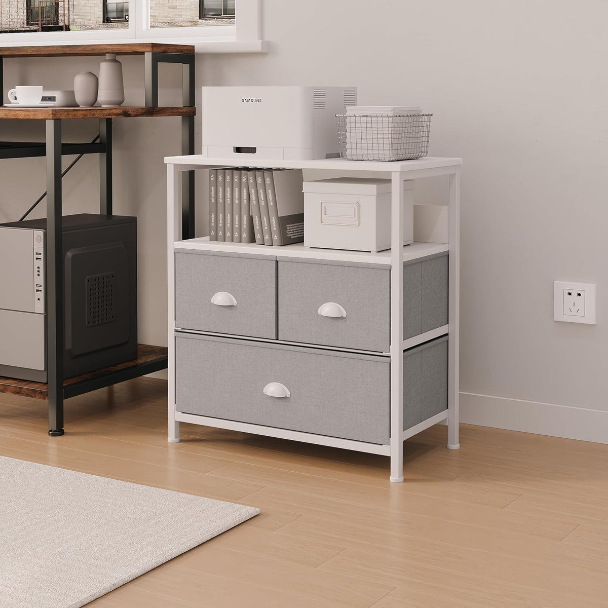 SKY-TOUCH Bedside Nightstand, Drawers Organizer with 3 Fabric Drawer & Shelf Storage, Versatile Usage for Nightstand, Bedroom, Living Room, Grey - 22.8x11.4x24.8 inch - 3
