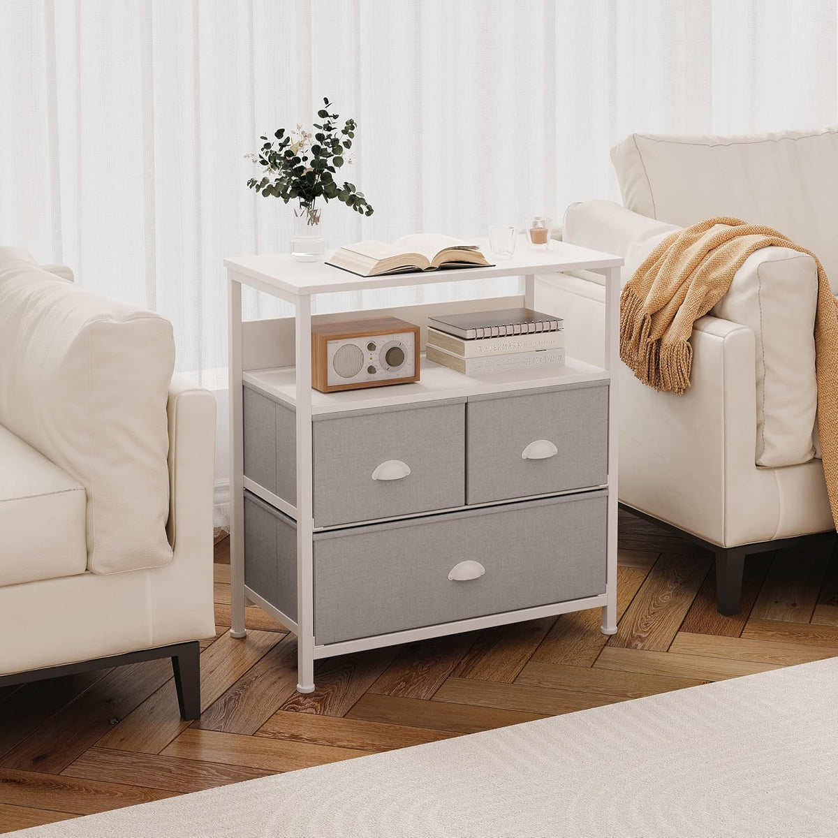 SKY-TOUCH Bedside Nightstand, Drawers Organizer with 3 Fabric Drawer & Shelf Storage, Versatile Usage for Nightstand, Bedroom, Living Room, Grey - 22.8x11.4x24.8 inch - 4