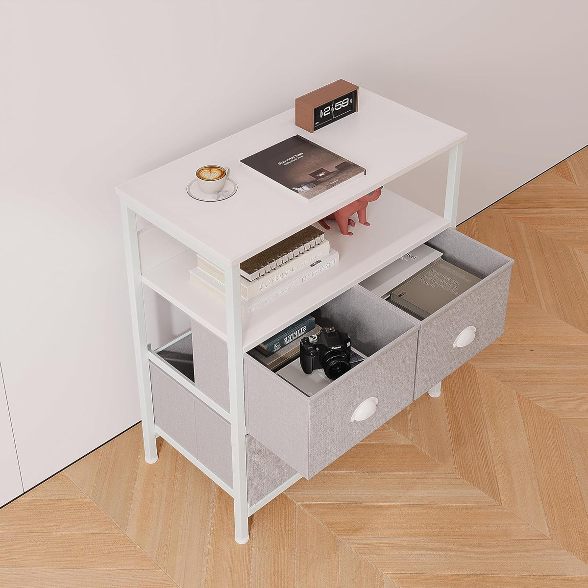 SKY-TOUCH Bedside Nightstand, Drawers Organizer with 3 Fabric Drawer & Shelf Storage, Versatile Usage for Nightstand, Bedroom, Living Room, Grey - 22.8x11.4x24.8 inch - 6