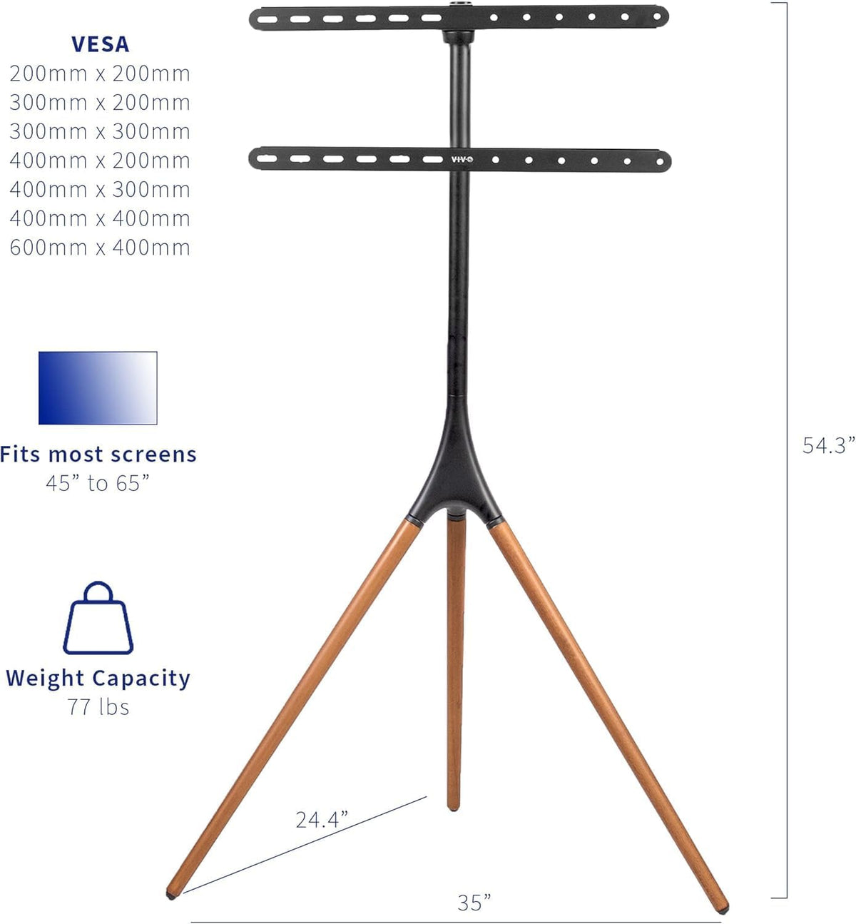 SKY-TOUCH 45"-65" Tripod TV Stand, Modern Easel TV Stand, Height Adjustable Swivel TV Floor Stand, Dark Walnut Legs for LED LCD Screens, Max VESA 600x400mm, 77lbs Capacity,(Install Manual Included) - 2