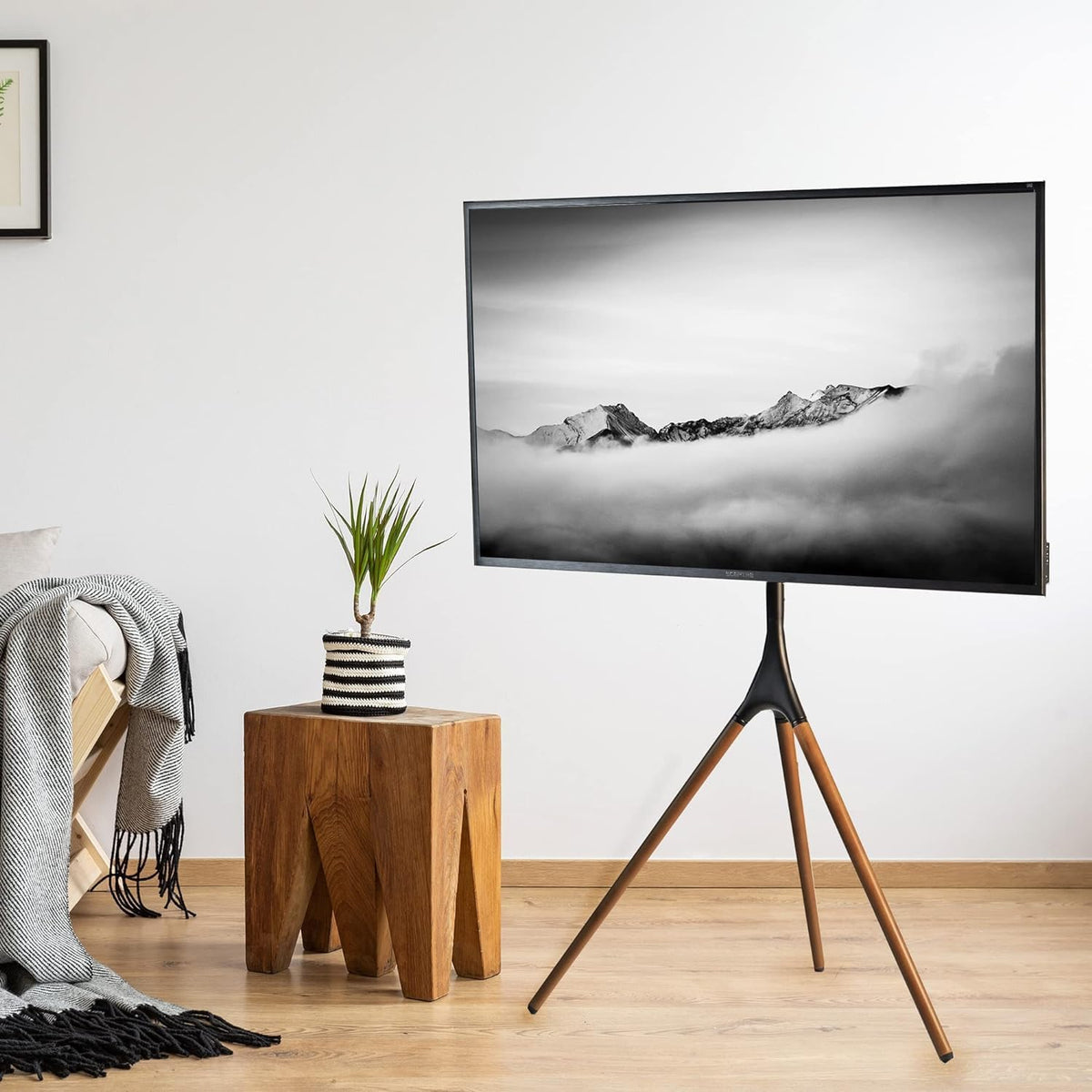 SKY-TOUCH 45"-65" Tripod TV Stand, Modern Easel TV Stand, Height Adjustable Swivel TV Floor Stand, Dark Walnut Legs for LED LCD Screens, Max VESA 600x400mm, 77lbs Capacity,(Install Manual Included) - 4