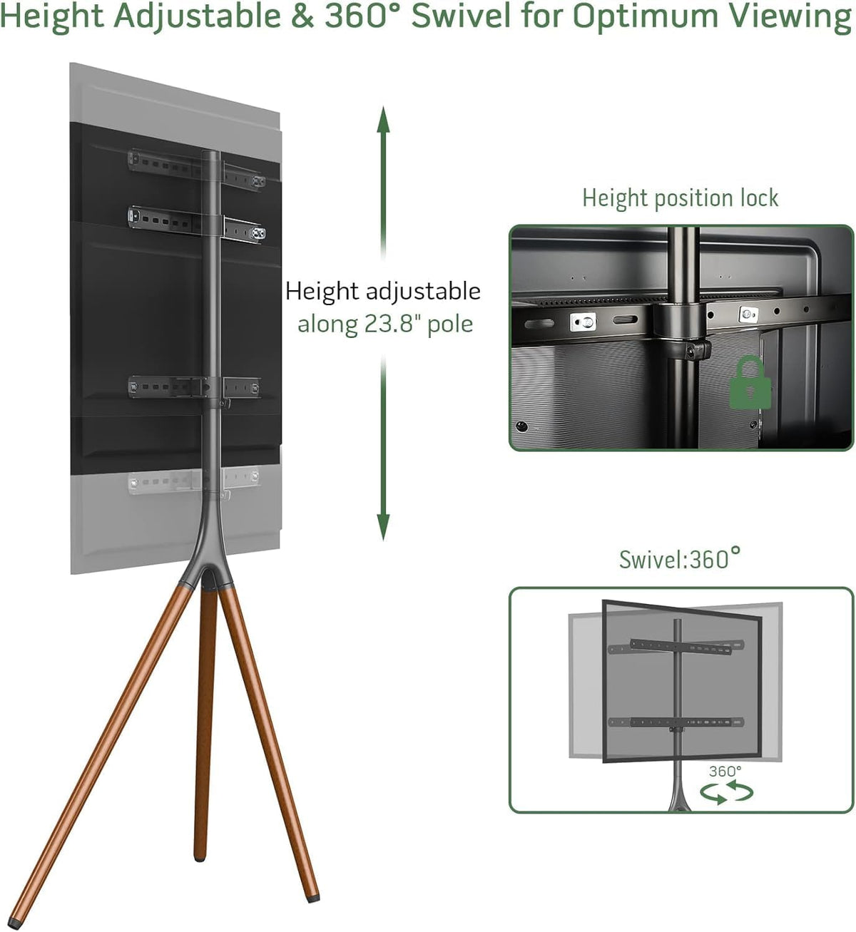 SKY-TOUCH 45"-65" Tripod TV Stand, Modern Easel TV Stand, Height Adjustable Swivel TV Floor Stand, Dark Walnut Legs for LED LCD Screens, Max VESA 600x400mm, 77lbs Capacity,(Install Manual Included) - 5