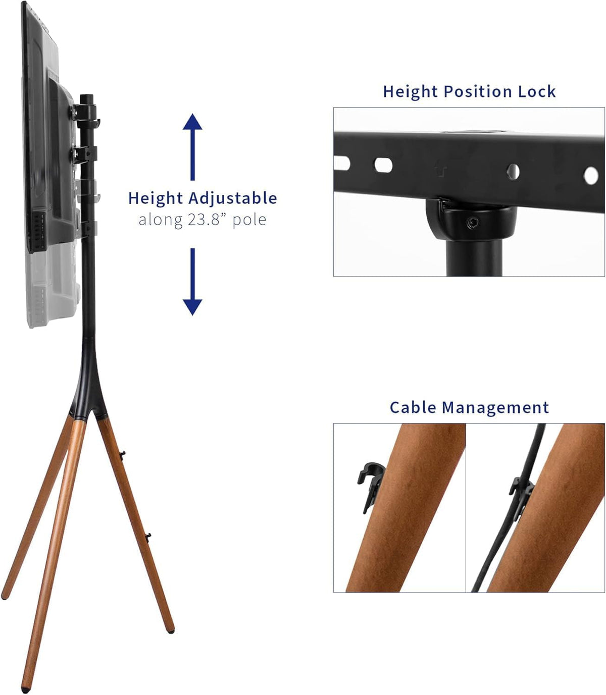 SKY-TOUCH 45"-65" Tripod TV Stand, Modern Easel TV Stand, Height Adjustable Swivel TV Floor Stand, Dark Walnut Legs for LED LCD Screens, Max VESA 600x400mm, 77lbs Capacity,(Install Manual Included) - 6