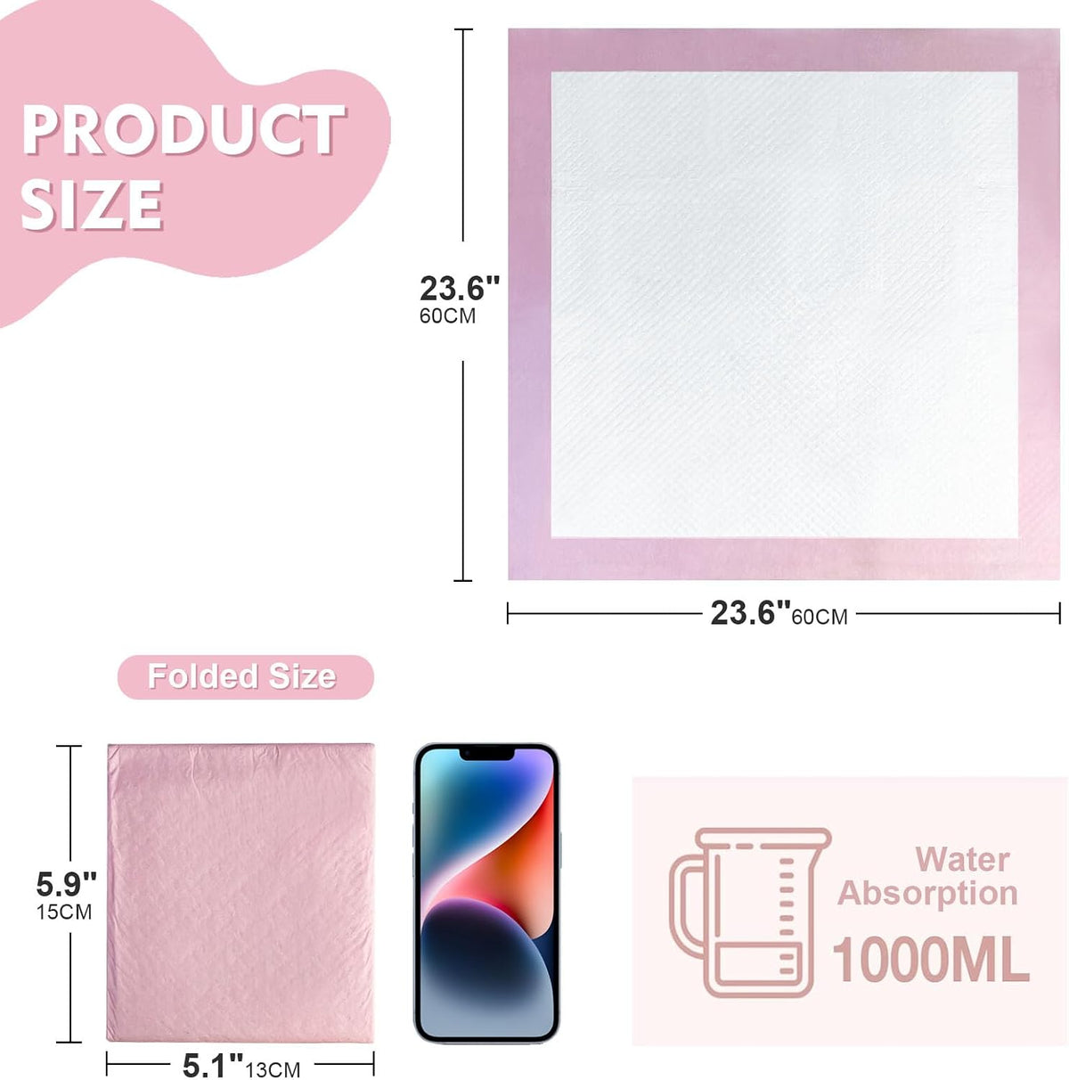 SKY-TOUCH 40 Pieces Baby Disposable Changing Mats,Waterproof Baby Changing Pads, 60x60 cm, Highly Absorbent Leakproof Changing Pad Baby, Ultra soft Diaper Changing Mat Underpads for Baby Pink - 2