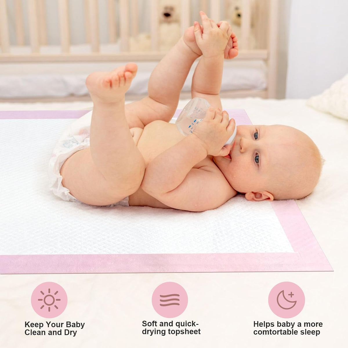 SKY-TOUCH 40 Pieces Baby Disposable Changing Mats,Waterproof Baby Changing Pads, 60x60 cm, Highly Absorbent Leakproof Changing Pad Baby, Ultra soft Diaper Changing Mat Underpads for Baby Pink - 3