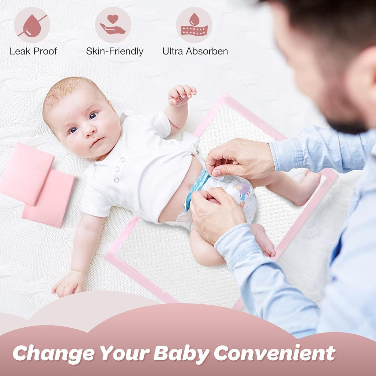 SKY-TOUCH 40 Pieces Baby Disposable Changing Mats,Waterproof Baby Changing Pads, 60x60 cm, Highly Absorbent Leakproof Changing Pad Baby, Ultra soft Diaper Changing Mat Underpads for Baby Pink - 6