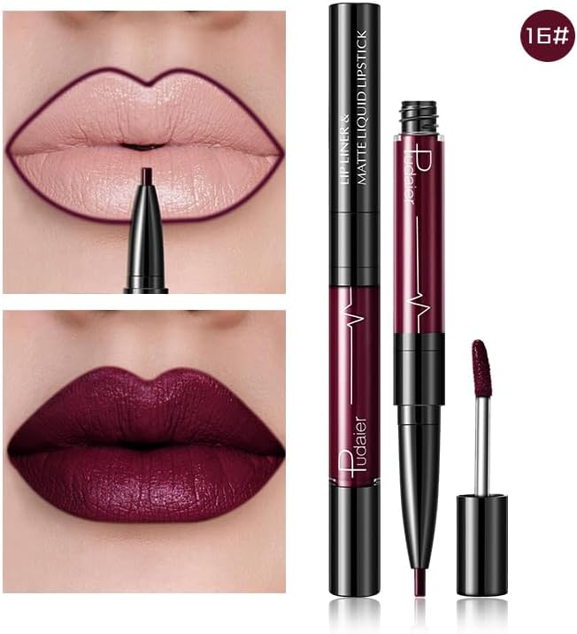 SKY-TOUCH Double-Headed Lip Liner Long Lasting Waterproof Lip Gloss Liquid Matte LipGlaze Non-Stick Cup(#16) - 2