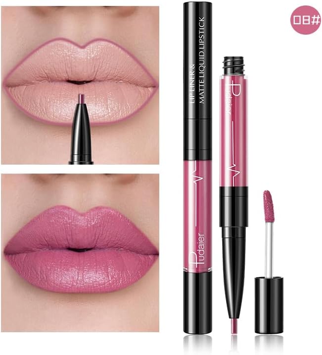 SKY-TOUCH Double-Headed Lip Liner Long Lasting Waterproof Lip Gloss Liquid Matte LipGlaze Non-Stick Cup(#08) - 2