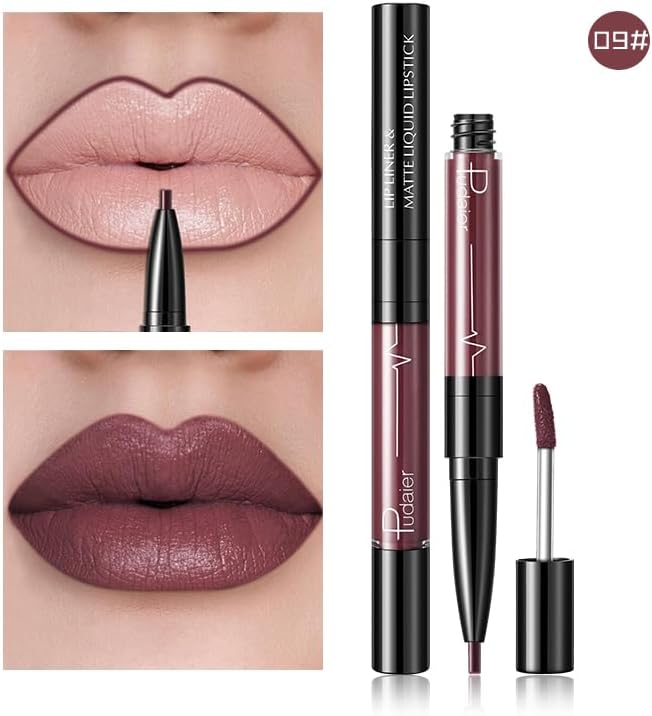SKY-TOUCH Double-Headed Lip Liner Long Lasting Waterproof Lip Gloss Liquid Matte LipGlaze Non-Stick Cup(#09) - 2