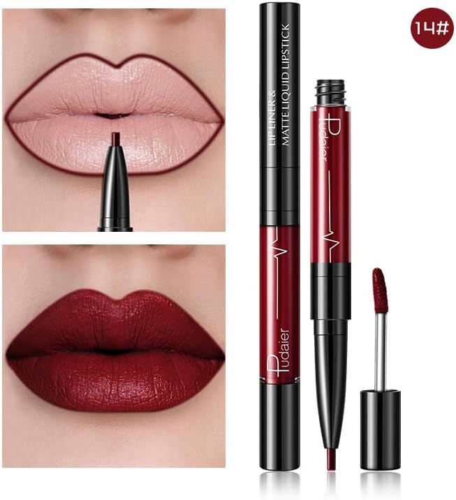 SKY-TOUCH Double-Headed Lip Liner Long Lasting Waterproof Lip Gloss Liquid Matte LipGlaze Non-Stick Cup(#14) - 2