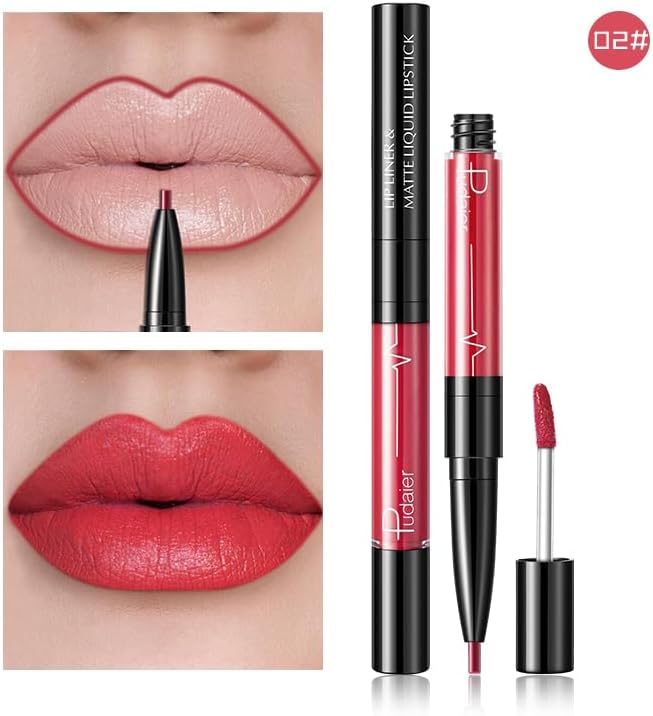SKY-TOUCH Double-Headed Lip Liner Long Lasting Waterproof Lip Gloss Liquid Matte LipGlaze Non-Stick Cup(#02) - 2