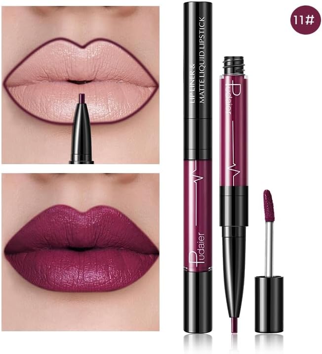 SKY-TOUCH Double-Headed Lip Liner Long Lasting Waterproof Lip Gloss Liquid Matte LipGlaze Non-Stick Cup(#11) - 2
