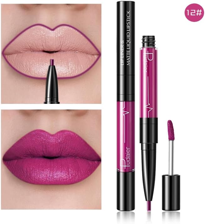 SKY-TOUCH Double-Headed Lip Liner Long Lasting Waterproof Lip Gloss Liquid Matte LipGlaze Non-Stick Cup(#12) - 2