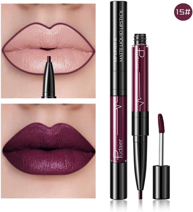 SKY-TOUCH Double-Headed Lip Liner Long Lasting Waterproof Lip Gloss Liquid Matte LipGlaze Non-Stick Cup(#15) - 2