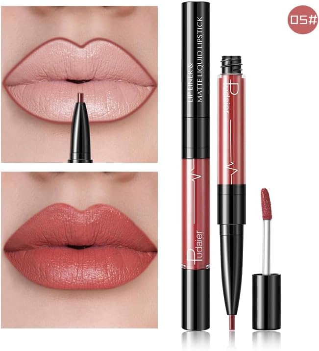 SKY-TOUCH Double-Headed Lip Liner Long Lasting Waterproof Lip Gloss Liquid Matte LipGlaze Non-Stick Cup(#05) - 2