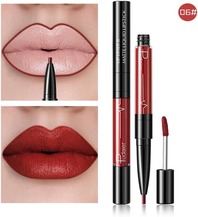SKY-TOUCH Double-Headed Lip Liner Long Lasting Waterproof Lip Gloss Liquid Matte LipGlaze Non-Stick Cup(#06) - 2