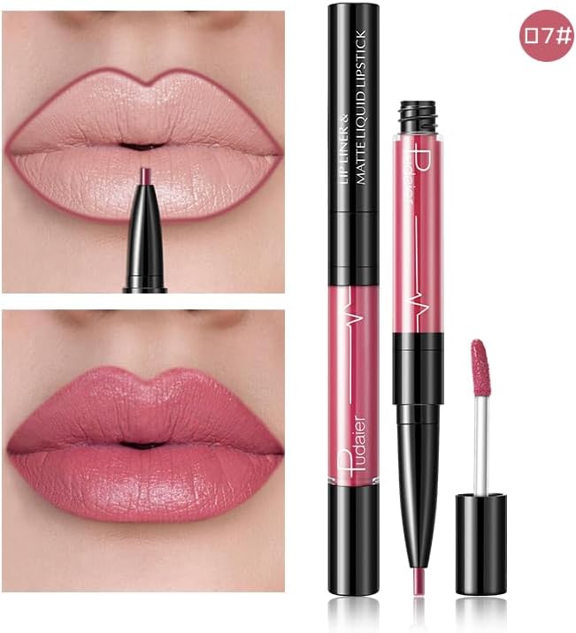 SKY-TOUCH Double-Headed Lip Liner Long Lasting Waterproof Lip Gloss Liquid Matte LipGlaze Non-Stick Cup(#07) - 2