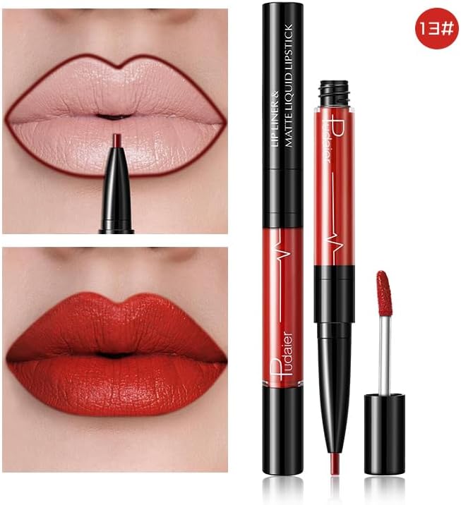 SKY-TOUCH Double-Headed Lip Liner Long Lasting Waterproof Lip Gloss Liquid Matte LipGlaze Non-Stick Cup(#13) - 2