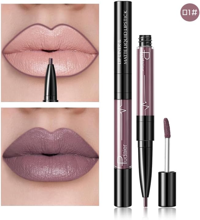 SKY-TOUCH Double-Headed Lip Liner Long Lasting Waterproof Lip Gloss Liquid Matte LipGlaze Non-Stick Cup(#01) - 2