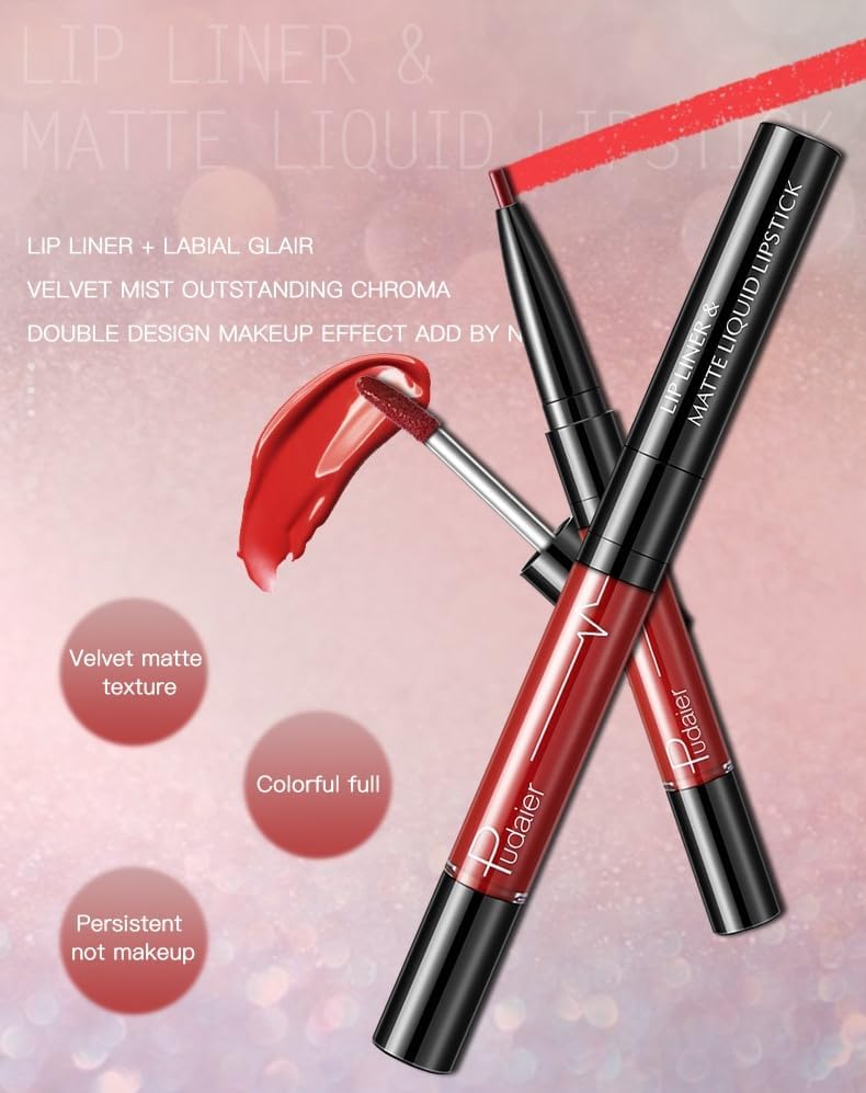 SKY-TOUCH Double-Headed Lip Liner Long Lasting Waterproof Lip Gloss Liquid Matte LipGlaze Non-Stick Cup(#01) - 3