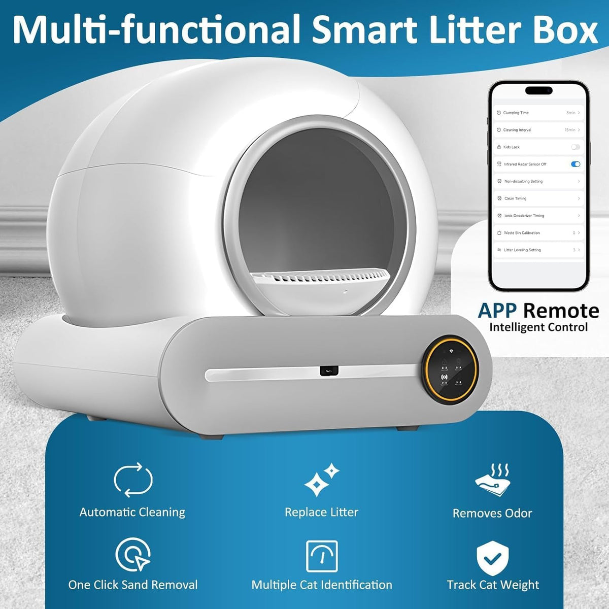 SKY-TOUCH Smart Self Cleaning Cat Litter Box,65L+ 9L Extra Large Capacity Upgraded Automatic Self Litter Box, APP Control/Odor Removal/Safety Protection/Low Noise for Cats 1-8kg,1 Roll Trash Bag - 3