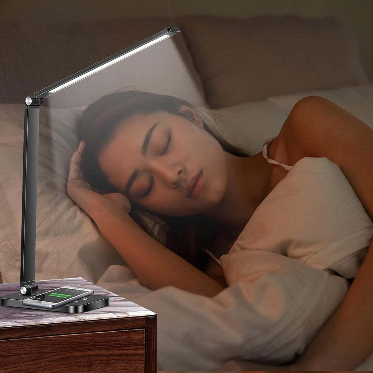 SKY-TOUCH Desk Lamp, Eye-Caring LED Table Lamp Dimmable Bedside Lamp with 2 USB Charging Ports and 10 Brightness Levels x 5 Colour Modes Touch Control for Office, Bedside, Reading- Auto Timer - 3
