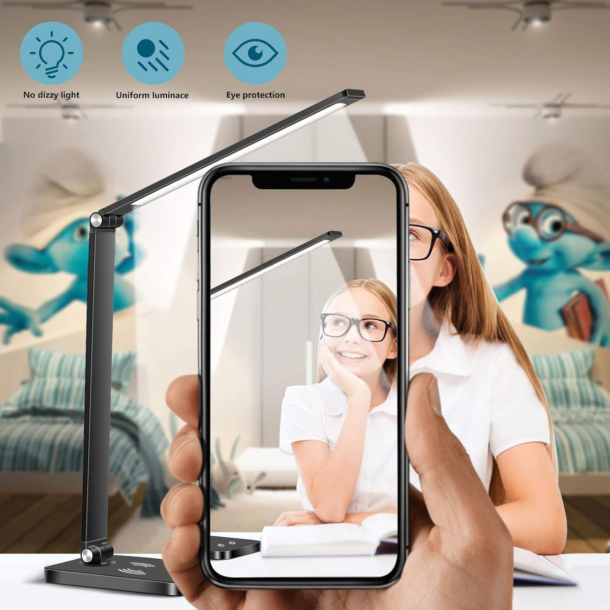 SKY-TOUCH Desk Lamp, Eye-Caring LED Table Lamp Dimmable Bedside Lamp with 2 USB Charging Ports and 10 Brightness Levels x 5 Colour Modes Touch Control for Office, Bedside, Reading- Auto Timer - 4