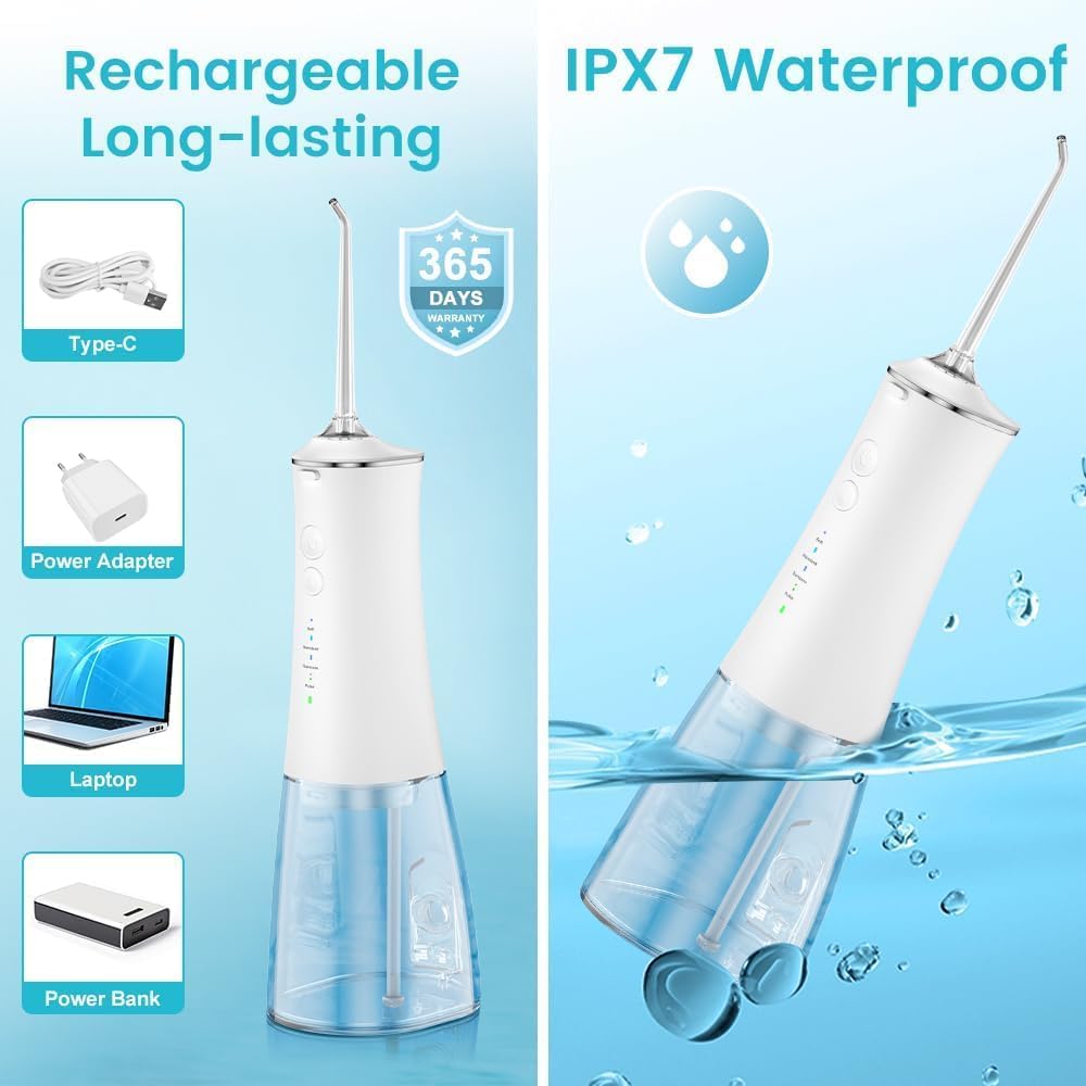 SKY-TOUCH Water Flosser,Cordless Water Dental Flosser,4 modes & 6 Jet Tips 280ml USB Recharging Portable Oral Irrigator for Teeth,For Home And Travel - Detachable Reservoir,White - 4