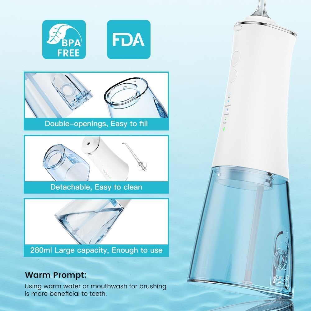SKY-TOUCH Water Flosser,Cordless Water Dental Flosser,4 modes & 6 Jet Tips 280ml USB Recharging Portable Oral Irrigator for Teeth,For Home And Travel - Detachable Reservoir,White - 5