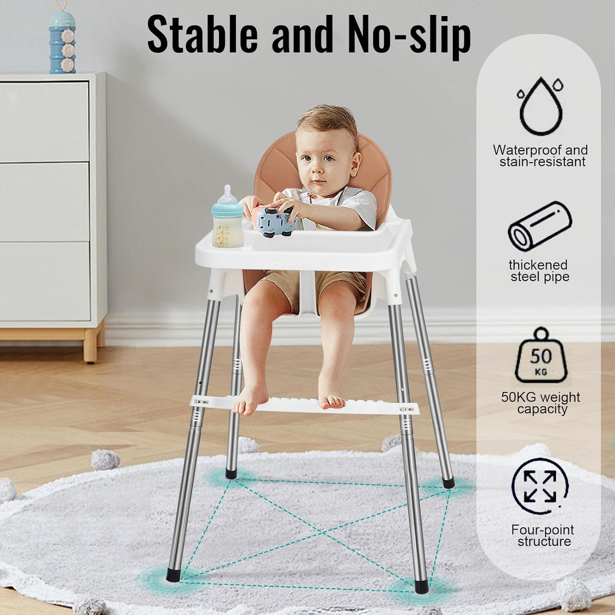 SKY-TOUCH 2 in 1 Baby High Chair with Removable Tray, Baby Dining Chair Adjustable Height, Baby Feeding Chair 3 Point Safety Belt, Baby Highchairs for Ages 6 Months to 3 Years - 3