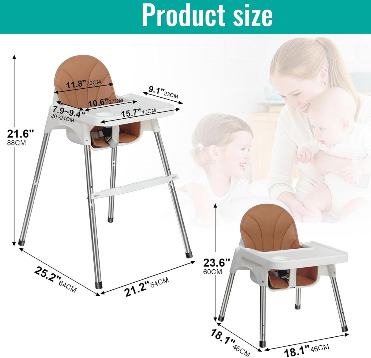 SKY-TOUCH 2 in 1 Baby High Chair with Removable Tray, Baby Dining Chair Adjustable Height, Baby Feeding Chair 3 Point Safety Belt, Baby Highchairs for Ages 6 Months to 3 Years - 5