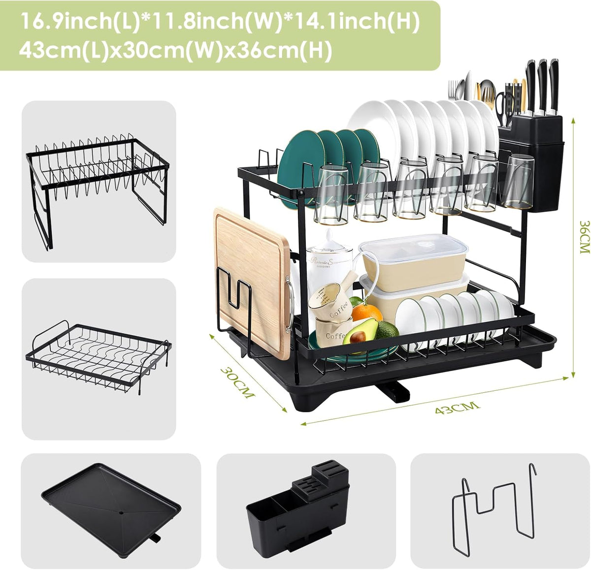 SKY-TOUCH 2 Tier Dish Drying Rack, Dish Drying Stand & Drainer, Saving Space with Swivel Drainage Spout, Utensil Holder, Cup Holder, Cutting-Board Holder and Plate Holder Stand for Kitchen Counter - 2